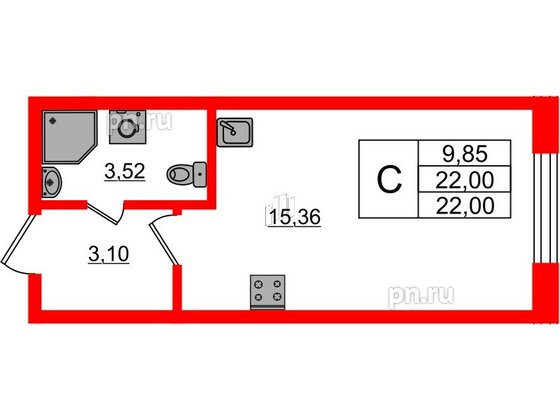 Квартира в ЖК Аквилон Янино, студия, 22.05 м², 1 этаж