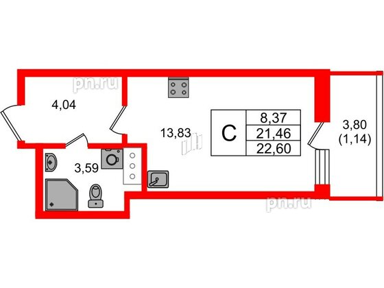 Квартира в ЖК Аквилон Янино, студия, 22.6 м², 12 этаж