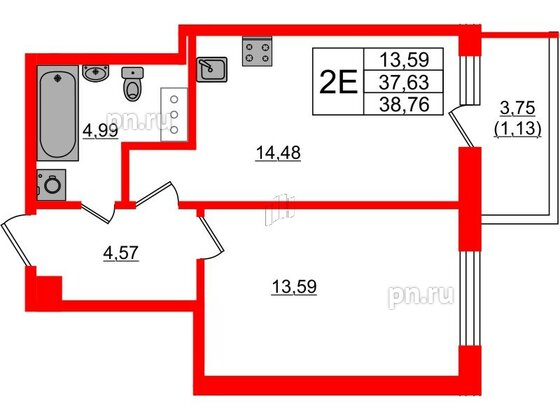 Квартира в ЖК Аквилон Янино, 1 комнатная, 38.76 м², 2 этаж