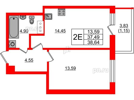 Квартира в ЖК Аквилон Янино, 1 комнатная, 38.64 м², 3 этаж