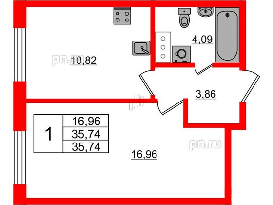 Квартира в ЖК Аквилон Янино, 1 комнатная, 35.74 м², 2 этаж