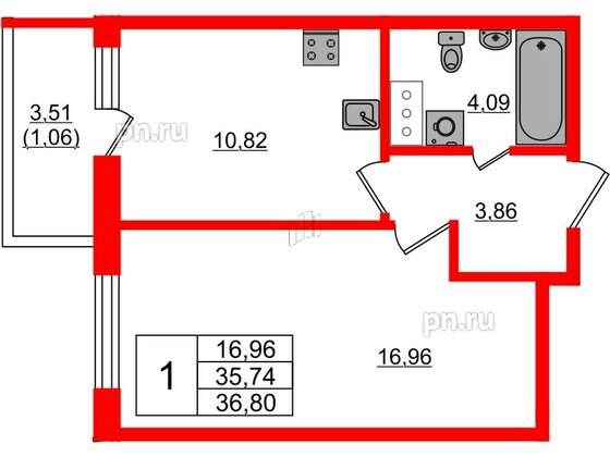 Квартира в ЖК Аквилон Янино, 1 комнатная, 36.95 м², 4 этаж