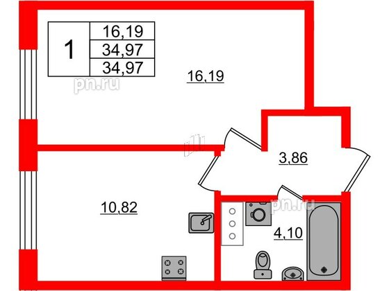 Квартира в ЖК Аквилон Янино, 1 комнатная, 34.97 м², 2 этаж