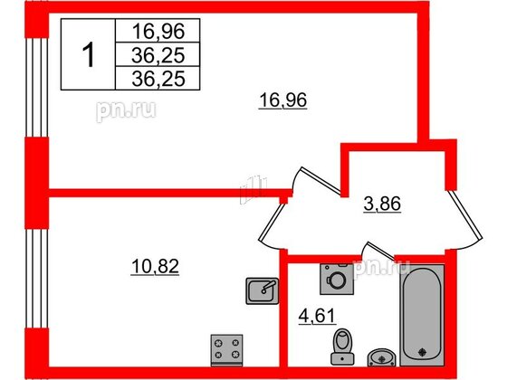 Квартира в ЖК Аквилон Янино, 1 комнатная, 36.25 м², 1 этаж