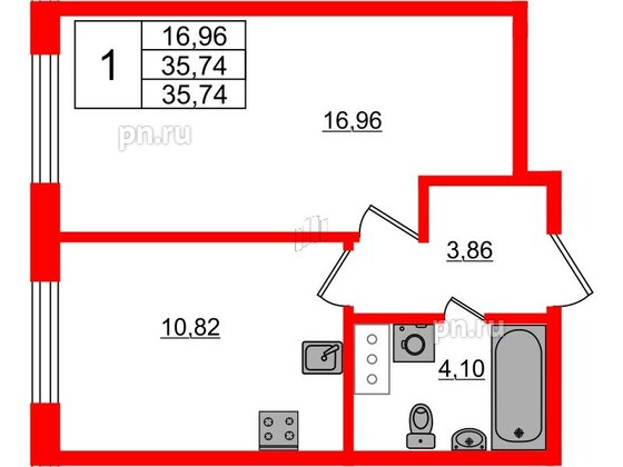 Квартира в ЖК Аквилон Янино, 1 комнатная, 35.74 м², 2 этаж