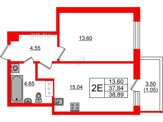 Квартира в ЖК Аквилон Янино, 1 комнатная, 38.89 м², 3 этаж