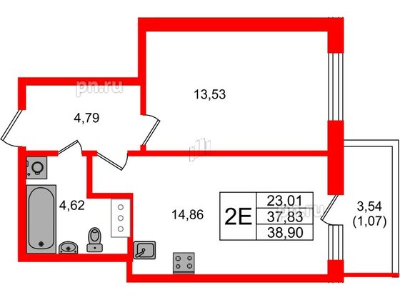 Квартира в ЖК Аквилон Янино, 1 комнатная, 38.89 м², 8 этаж