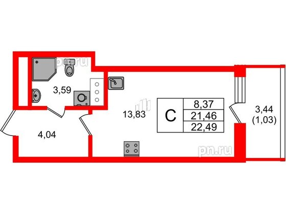 Квартира в ЖК Аквилон Янино, студия, 22.49 м², 9 этаж