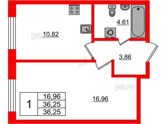 Квартира в ЖК Аквилон Янино, 1 комнатная, 36.25 м², 1 этаж