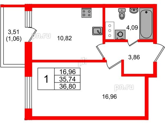 Квартира в ЖК Аквилон Янино, 1 комнатная, 36.95 м², 9 этаж