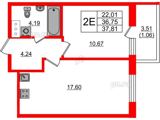 Квартира в ЖК Аквилон Янино, 1 комнатная, 37.87 м², 6 этаж