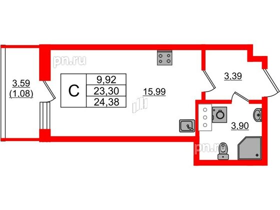 Квартира в ЖК Аквилон Янино, студия, 24.23 м², 6 этаж