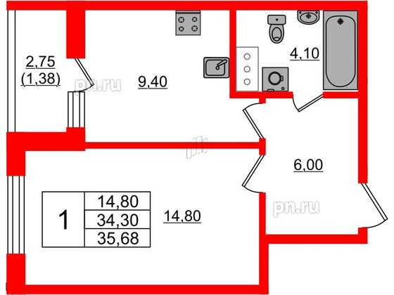 Квартира в ЖК Аквилон Янино, 1 комнатная, 35.68 м², 8 этаж