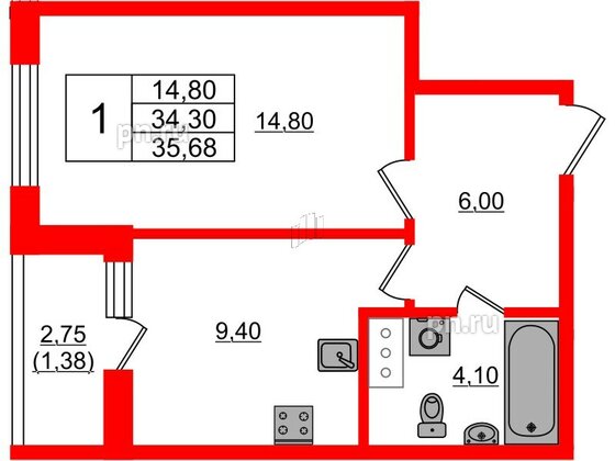 Квартира в ЖК Аквилон Янино, 1 комнатная, 35.68 м², 4 этаж