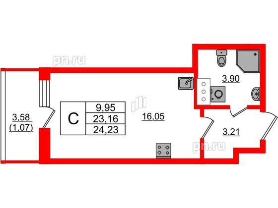 Квартира в ЖК Аквилон Янино, студия, 24.23 м², 5 этаж