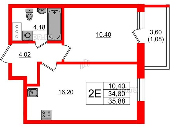 Квартира в ЖК Аквилон Янино, 1 комнатная, 35.88 м², 4 этаж