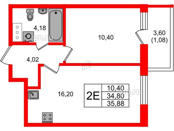 Квартира в ЖК Аквилон Янино, 1 комнатная, 35.88 м², 12 этаж