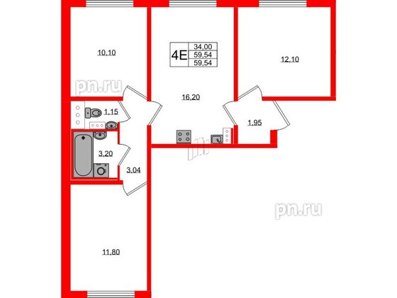 Квартира в ЖК «Ручьи–2», 3 комнатная, 59.54 м², 14 этаж