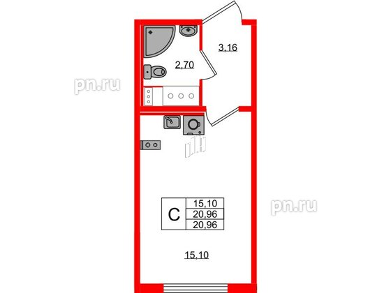 Квартира в ЖК «Ручьи–2», студия, 20.96 м², 13 этаж