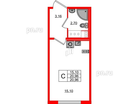 Квартира в ЖК «Ручьи–2», студия, 20.96 м², 16 этаж