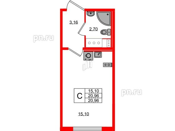 Квартира в ЖК «Ручьи–2», студия, 20.96 м², 15 этаж