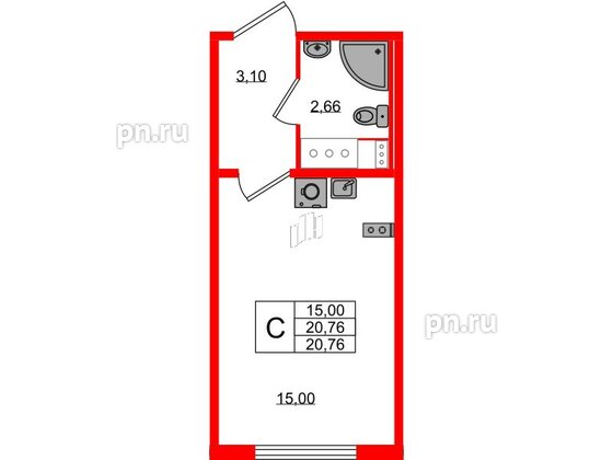 Квартира в ЖК «Ручьи–2», студия, 20.76 м², 14 этаж