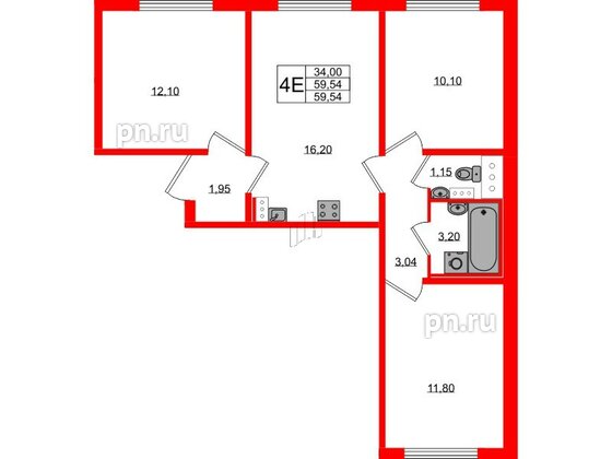 Квартира в ЖК «Ручьи–2», 3 комнатная, 59.54 м², 12 этаж