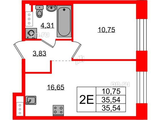 Квартира в ЖК Plus Пулковский, 1 комнатная, 35.54 м², 2 этаж