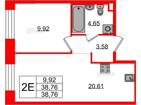 Квартира в ЖК Plus Пулковский, 1 комнатная, 38.76 м², 1 этаж