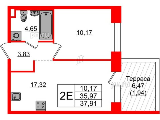 Квартира в ЖК Plus Пулковский, 1 комнатная, 37.91 м², 1 этаж