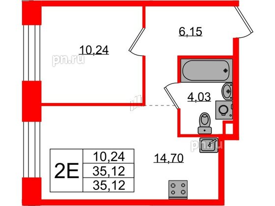 Квартира в ЖК Plus Пулковский, 1 комнатная, 35.12 м², 2 этаж