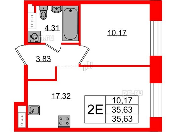 Квартира в ЖК Plus Пулковский, 1 комнатная, 35.63 м², 2 этаж