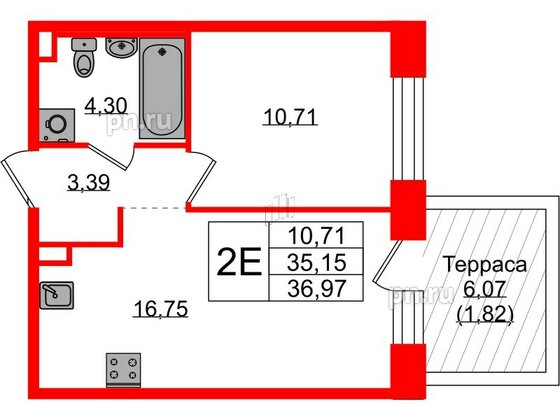 Квартира в ЖК Plus Пулковский, 1 комнатная, 36.97 м², 1 этаж