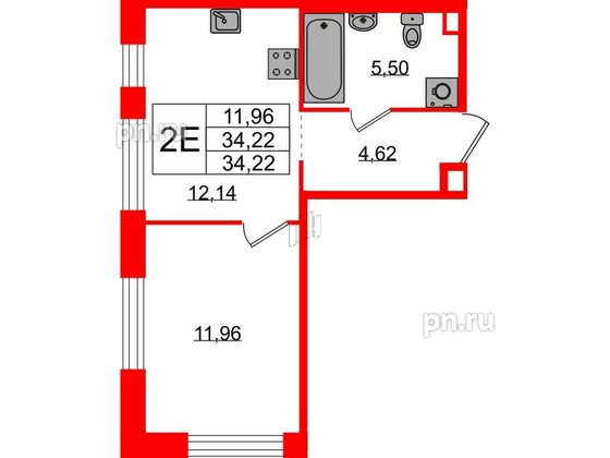 Квартира в ЖК Plus Пулковский, 1 комнатная, 34.22 м², 2 этаж