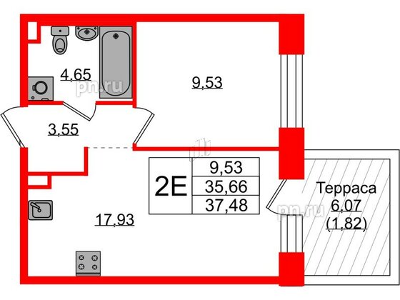 Квартира в ЖК Plus Пулковский, 1 комнатная, 37.16 м², 1 этаж