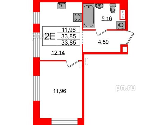 Квартира в ЖК Plus Пулковский, 1 комнатная, 33.85 м², 4 этаж