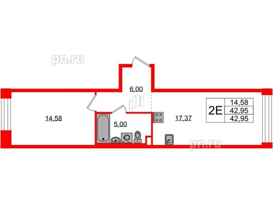 Квартира в ЖК Plus Пулковский, 1 комнатная, 42.95 м², 1 этаж