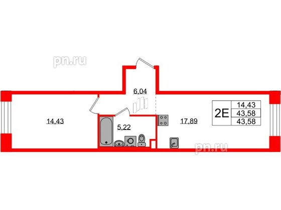 Квартира в ЖК Plus Пулковский, 1 комнатная, 43.58 м², 1 этаж