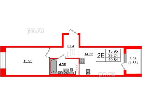 Квартира в ЖК Plus Пулковский, 1 комнатная, 40.87 м², 2 этаж