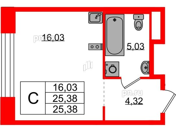 Квартира в ЖК Plus Пулковский, студия, 25.38 м², 2 этаж