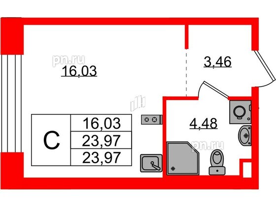 Квартира в ЖК Plus Пулковский, студия, 23.97 м², 1 этаж