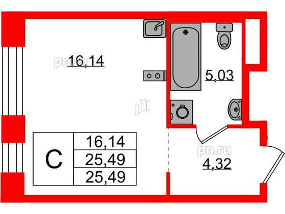 Квартира в ЖК Plus Пулковский, студия, 25.49 м², 4 этаж