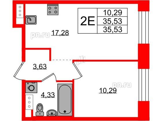 Квартира в ЖК Plus Пулковский, 1 комнатная, 35.53 м², 4 этаж