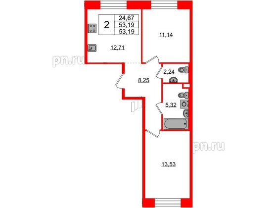 Квартира в ЖК Plus Пулковский, 2 комнатная, 53.19 м², 2 этаж