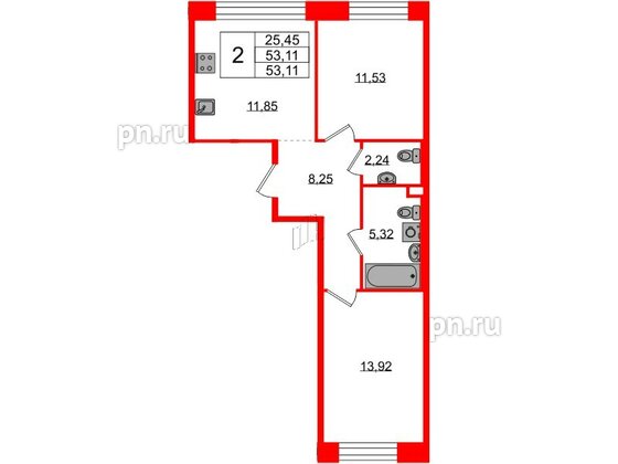 Квартира в ЖК Plus Пулковский, 2 комнатная, 53.11 м², 2 этаж