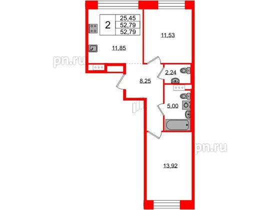 Квартира в ЖК Plus Пулковский, 2 комнатная, 52.79 м², 3 этаж