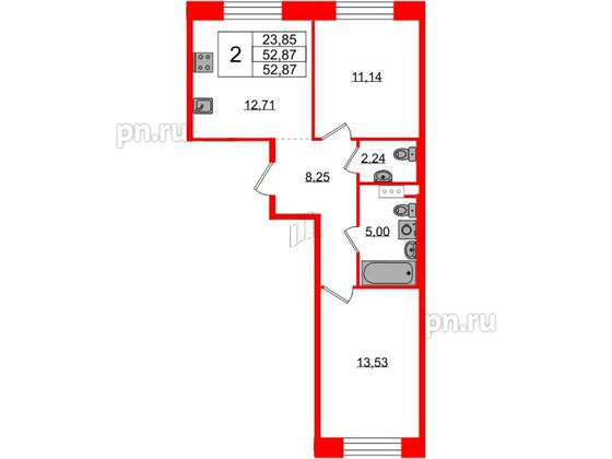 Квартира в ЖК Plus Пулковский, 2 комнатная, 52.87 м², 3 этаж