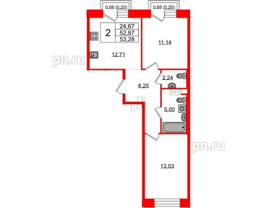 Квартира в ЖК Plus Пулковский, 2 комнатная, 53.28 м², 5 этаж