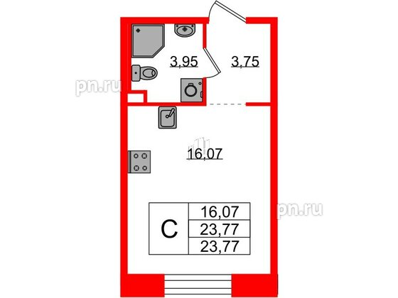 Квартира в ЖК Plus Пулковский, студия, 23.77 м², 2 этаж