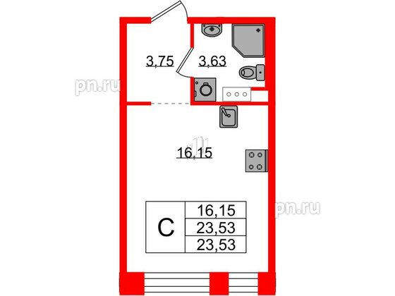 Квартира в ЖК Plus Пулковский, студия, 23.53 м², 3 этаж